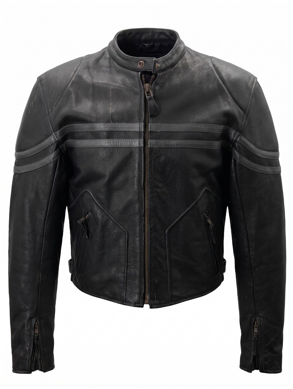 VTG Easyriders John Wilde Mens Black Leather Moto Jacket Cafe Racer Stripe Biker